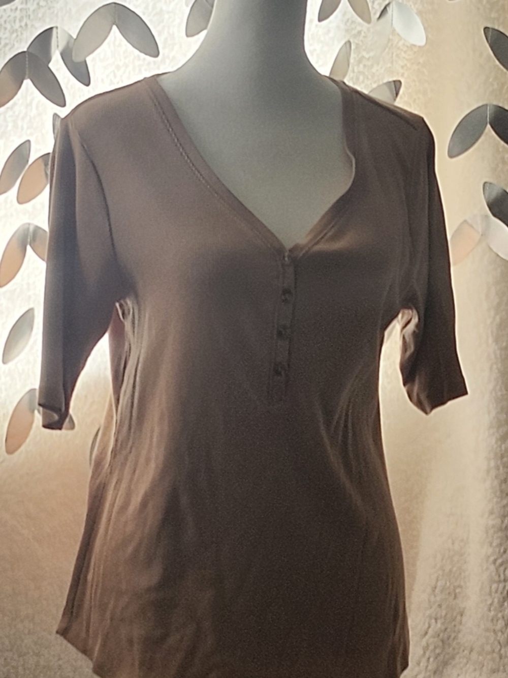 Sonoma Brown Short-Sleeve V-Neck Top with Button Placket